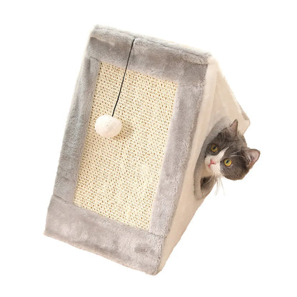 Grey and white triangle-shaped cat scratching post with an integrated soft cat bed.