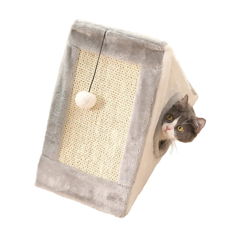 Creative Triangle Cat Claw Sisal Toy scratching post with removable cat bed for multi-cat homes, large size measuring 55 cm long x 27 cm wide x 50 cm high in grey and white colourway