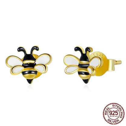 S925 silver bee insect ear studs in Mori style, each measuring 0.7 x 0.8cm, shown as a pair