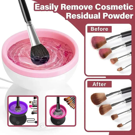 Electric makeup brush cleaner with silicone container and automatic cleaning capabilities for all brush sizes