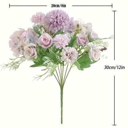 Combination artificial hydrangea flower arrangement in silk and plastic, shown in one of five available colours.
