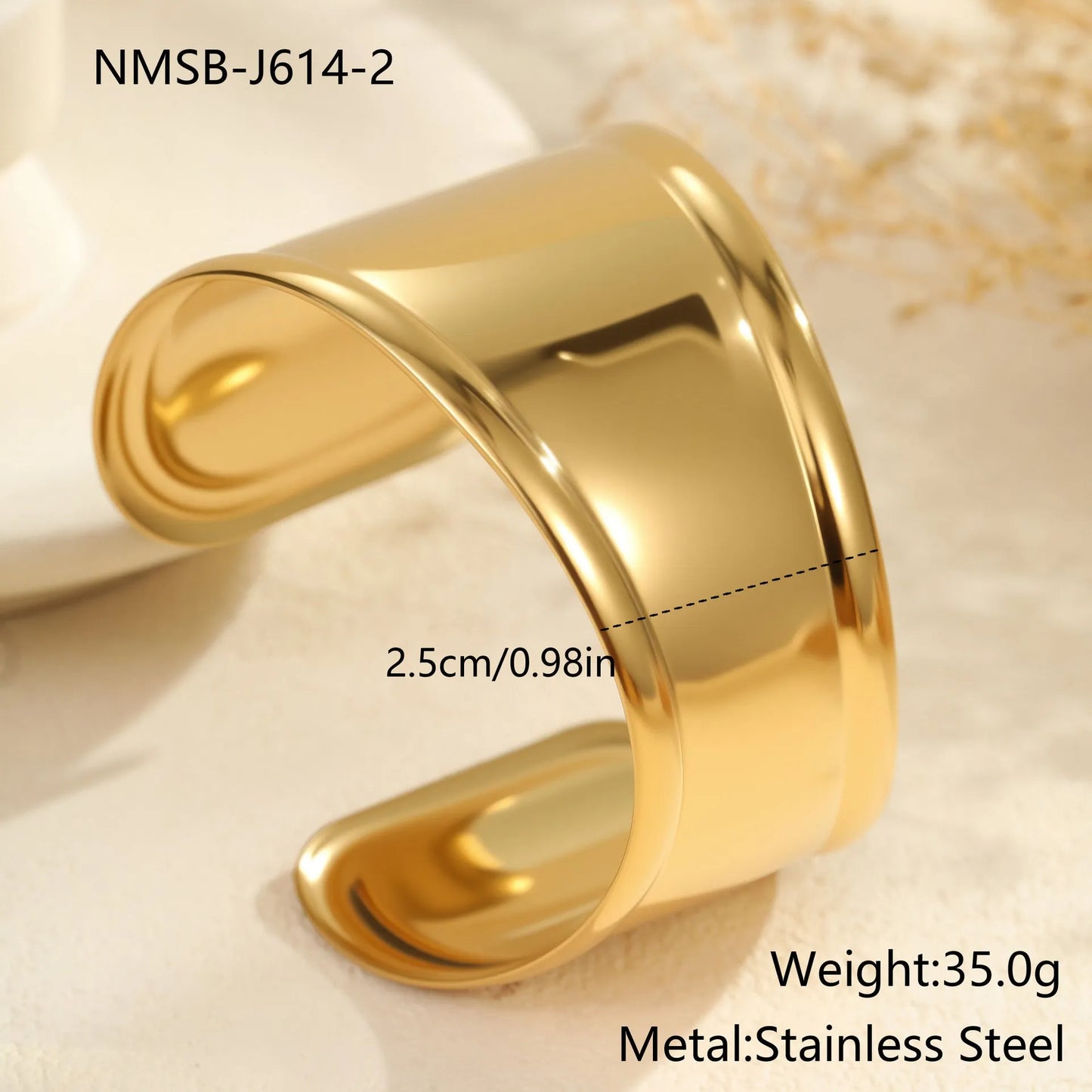 Women's stainless steel bracelet with 18K gold plating featuring exaggerated wide geometric wave design and niche opening