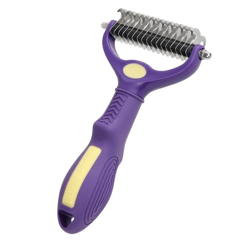 Purple double-sided pet comb for cats and dogs with knot untangling function