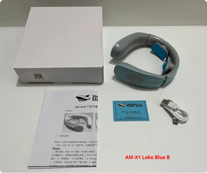 Lake blue electric neck massager with EMS pulse therapy and heating function
