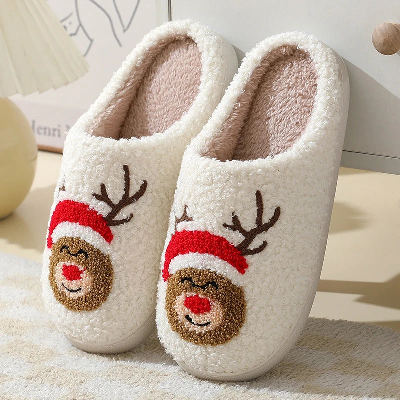 Cozy Christmas Home Slippers with Cute Santa Claus, Moose, and Gingerbread Man Designs