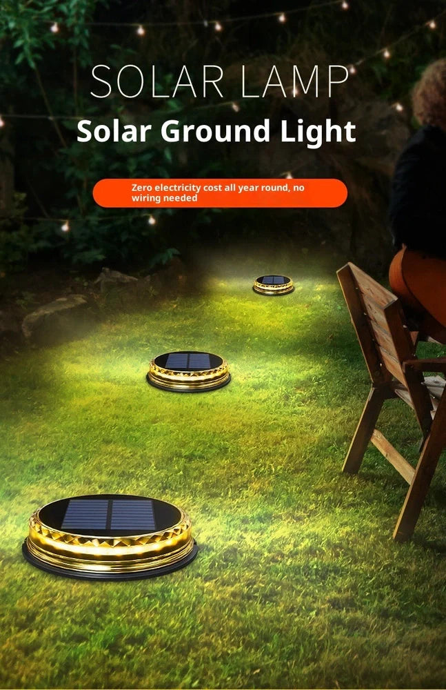 Square solar buried light with solar panel, 121mm dimensions, installed flush with ground surface
