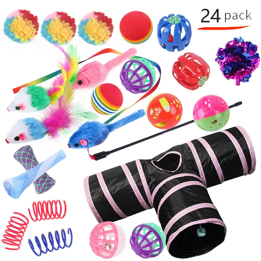 Plastic cat toy set with coloured tunnel channels and a ball for interactive indoor play.