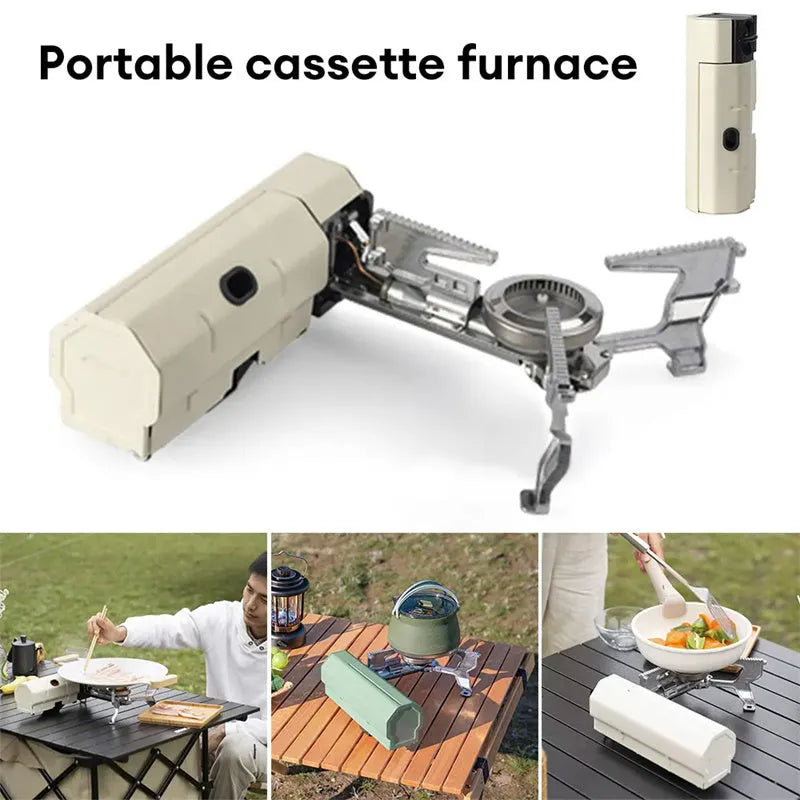 Green folding camping gas stove with serrated pot bracket, showing 25cm size next to butane canister