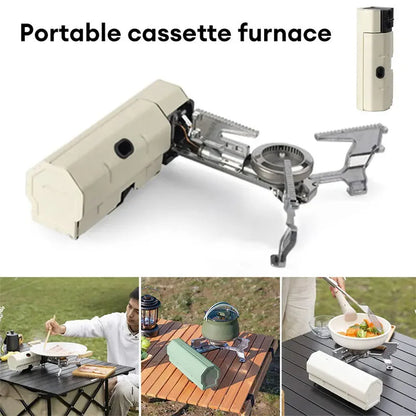 Green folding camping gas stove with serrated pot bracket, showing 25cm size next to butane canister