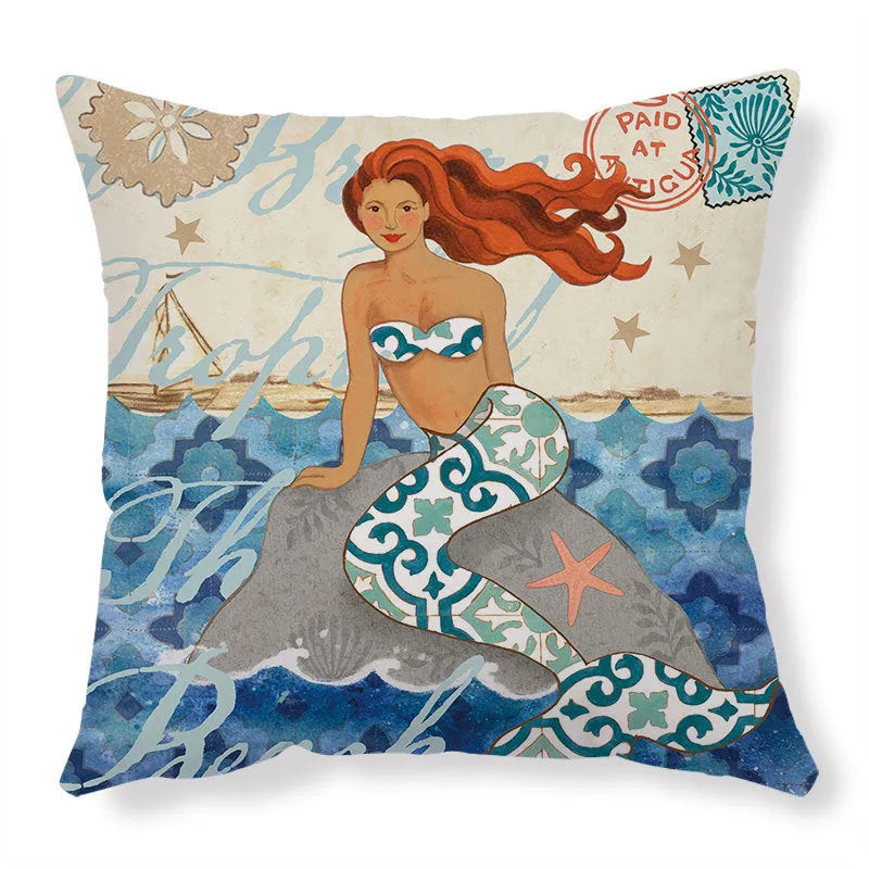 Linen cushion cover with detailed sea turtle pattern, showing invisible zipper closure.