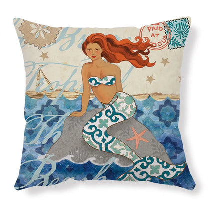 Linen cushion cover with detailed sea turtle pattern, showing invisible zipper closure.
