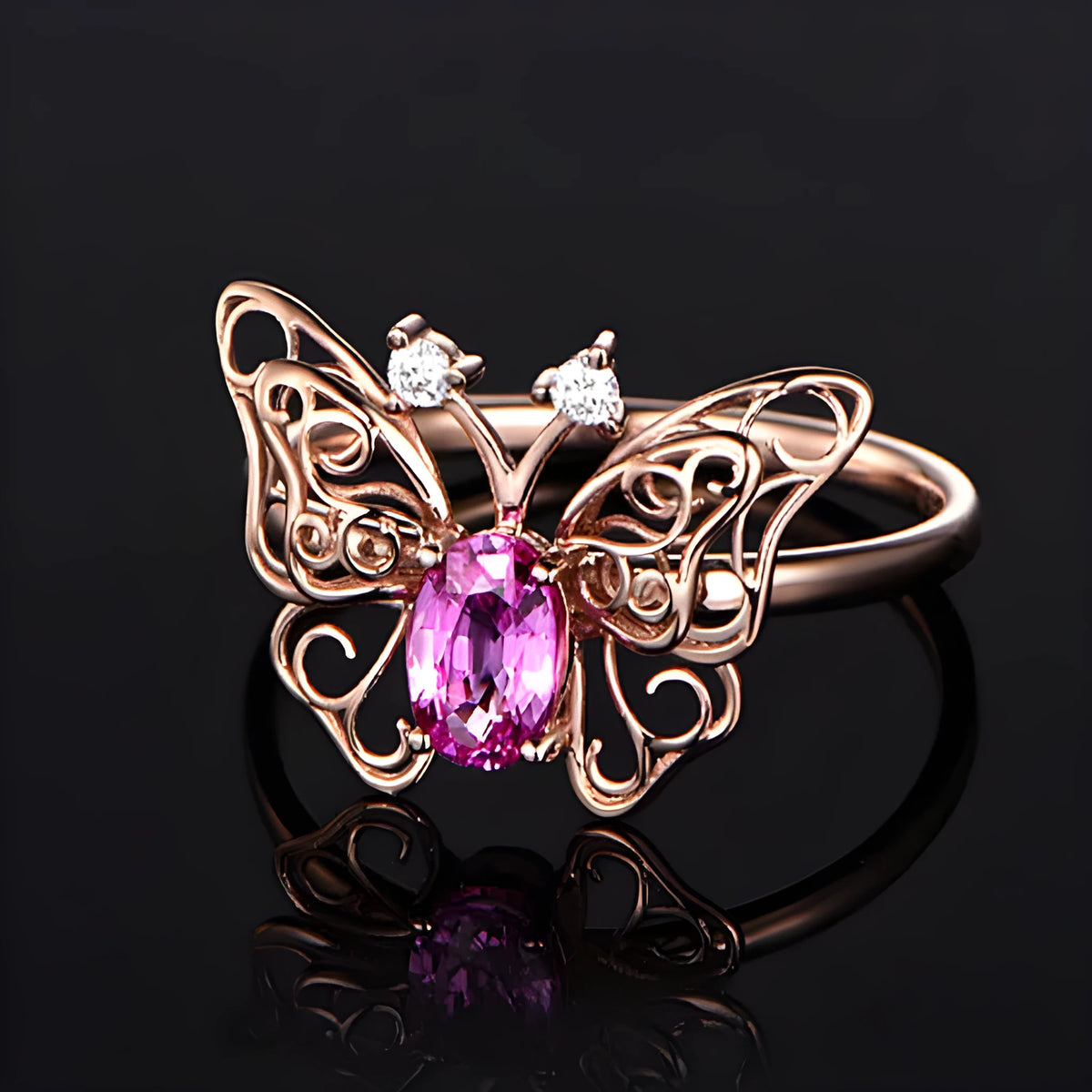 Rose gold electroplated copper adjustable open ring with hollow butterfly and bow design for women
