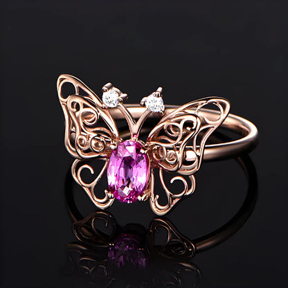 Rose gold electroplated copper adjustable open ring with hollow butterfly and bow design for women