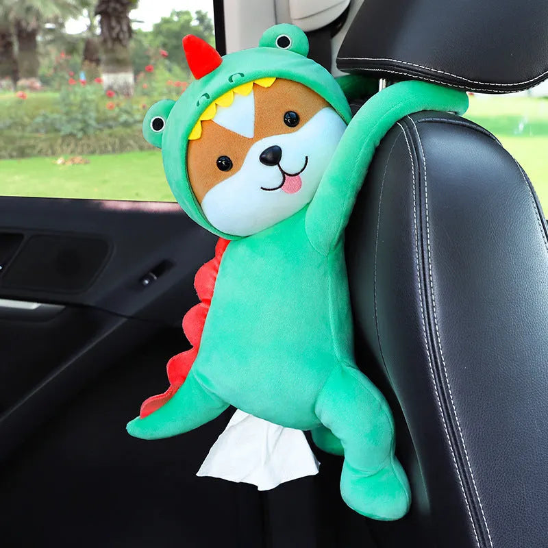 Plush animal design tissue box holder mounted on back of car seat