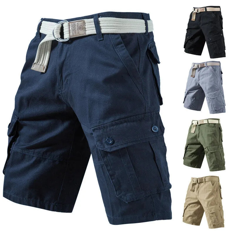 Summer cargo shorts with multiple pockets made from cotton and polyester fabric, loose-fit trousers in fifth pants length for warm weather wear, available in army green, black, gray, khaki, and navy blue colours
