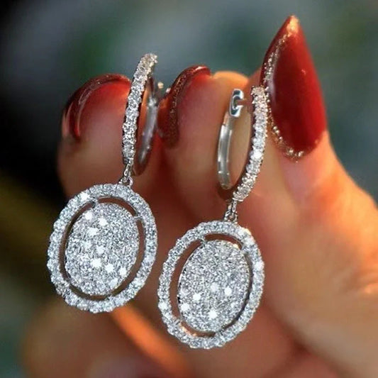Elegant white gold plated oval earrings for women, geometric design, European and American style