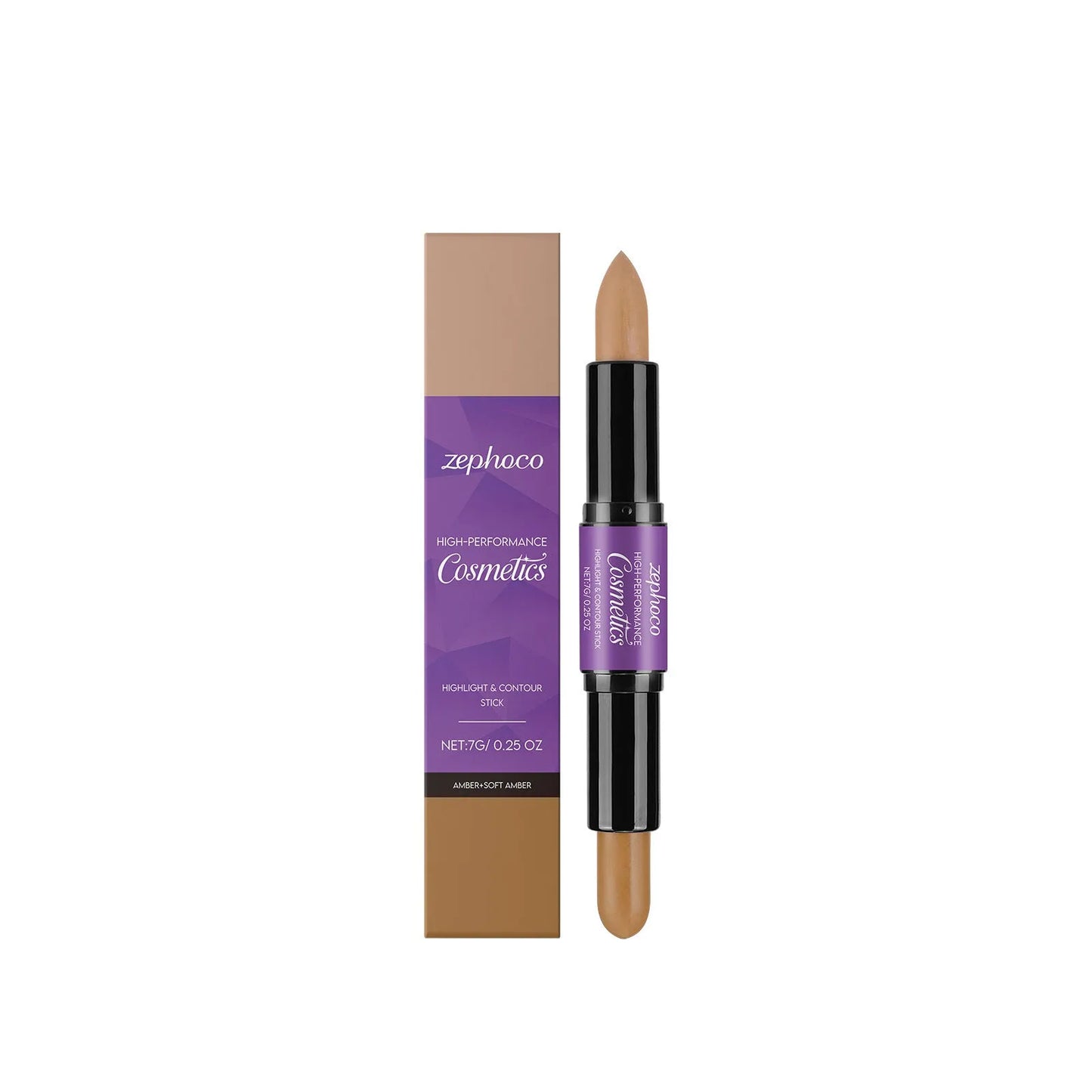 Dual-ended cream highlight and contour makeup stick showing three colour finish options