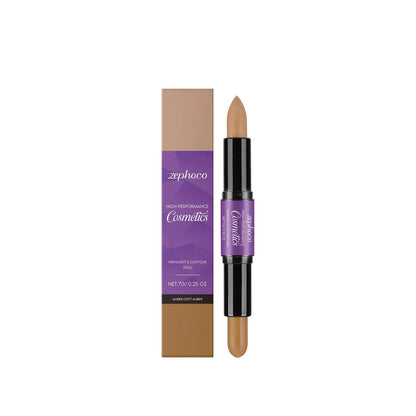 Dual-ended cream highlight and contour makeup stick showing three colour finish options