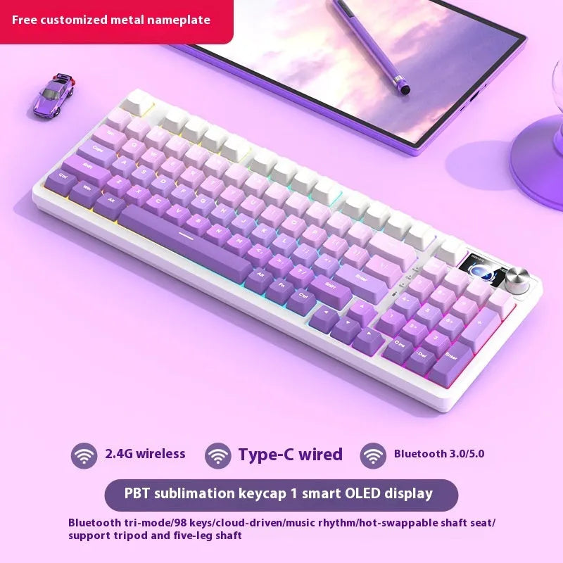 98-key wireless mechanical keyboard kit in black or white with optional LED screen and metal knob