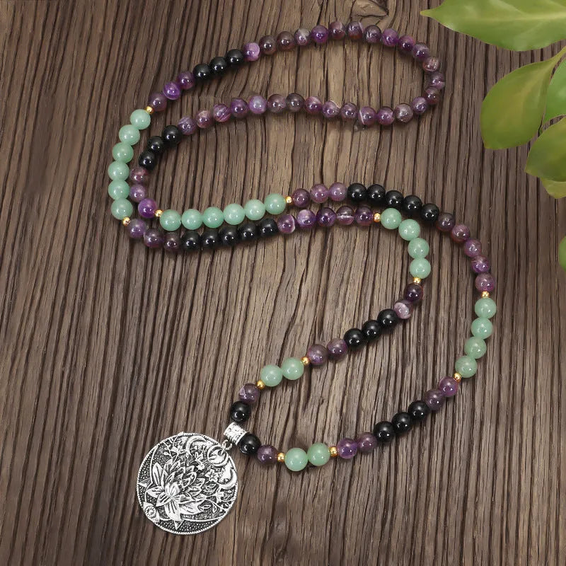 Long Yoga Lotus Pendant Necklace and Bracelet Set in Stone and Alloy, Handmade Bead Design with Geometric Original Style, Adjustable Perimeter from 51cm to 80cm for Layered Boho Jewellery