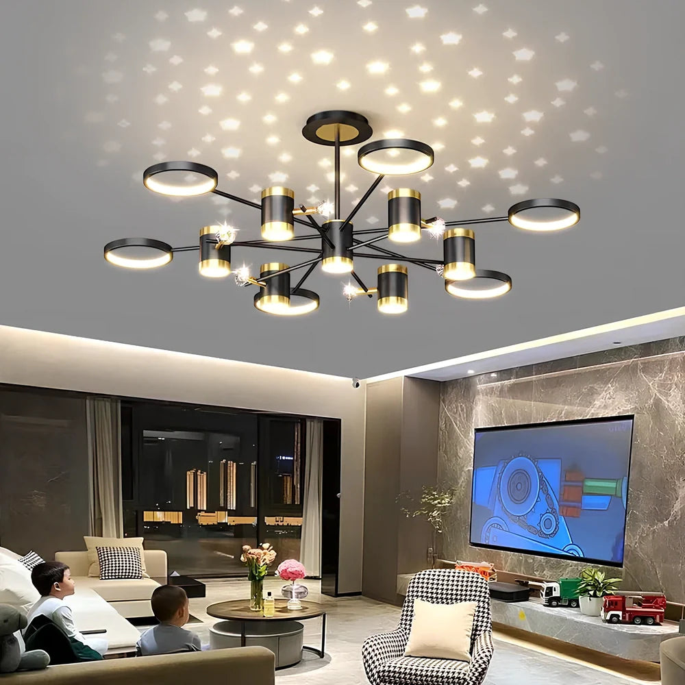 Black iron pendant lamp with 13 light heads, remote control, and adjustable 30cm height for 15-30m² rooms