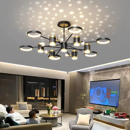 Black iron pendant lamp with 13 light heads, remote control, and adjustable 30cm height for 15-30m² rooms