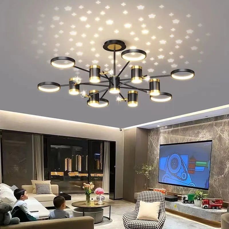 Modern fan chandelier black 13 heads iron pendant lamp with remote control and Tmall Genie smart compatibility for living rooms and bedrooms providing 15-30 square metre illumination coverage adjustable height of 0.3 metres