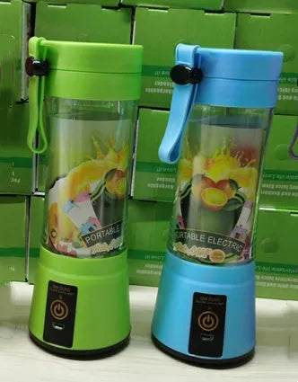 Portable USB blender with six blades in pink colour option showing cup and charging cable