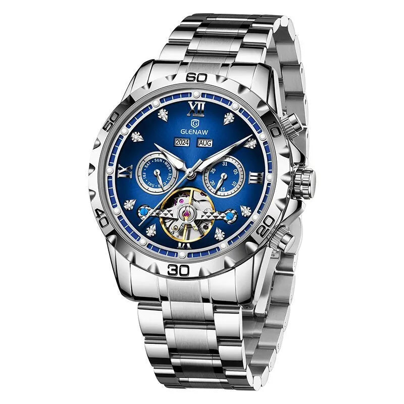 Men's automatic mechanical watch with stainless steel strap and mineral glass, showing silver case with blue surface option