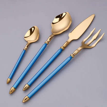 Stainless steel knife, fork, and two spoons set in a choice of seven metallic colour finishes.