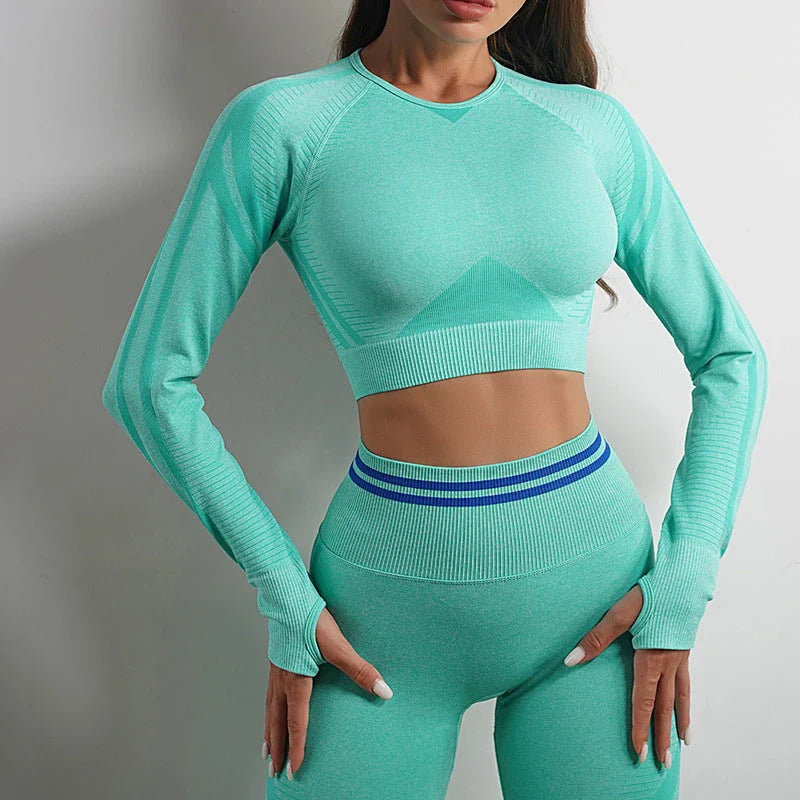 Seamless yoga leggings and long sleeve workout tops in various colors and styles