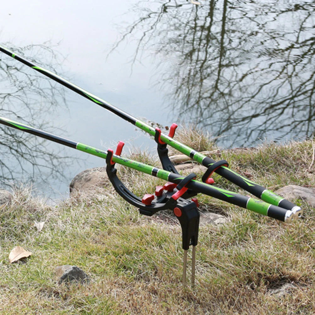 Adjustable fishing rod holder with 360-degree rotation, made of sturdy stainless steel for secure shore mounting