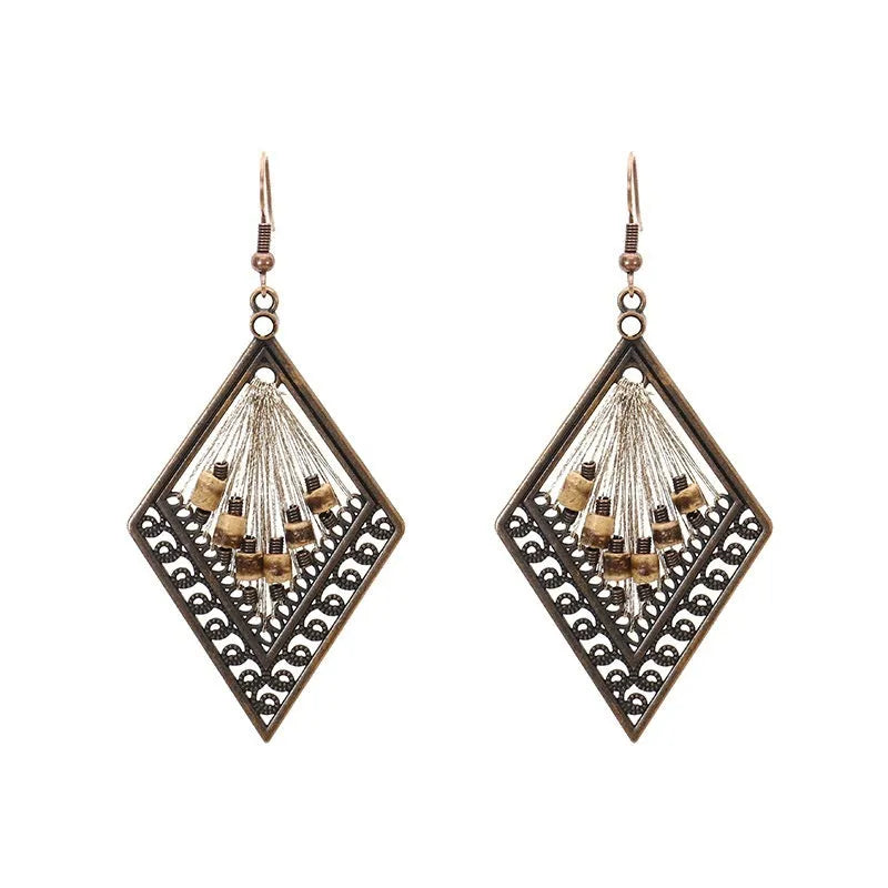 Bohemian geometric alloy earrings with colourful gold thread hand-woven detail, women's quadrilateral design, one pair