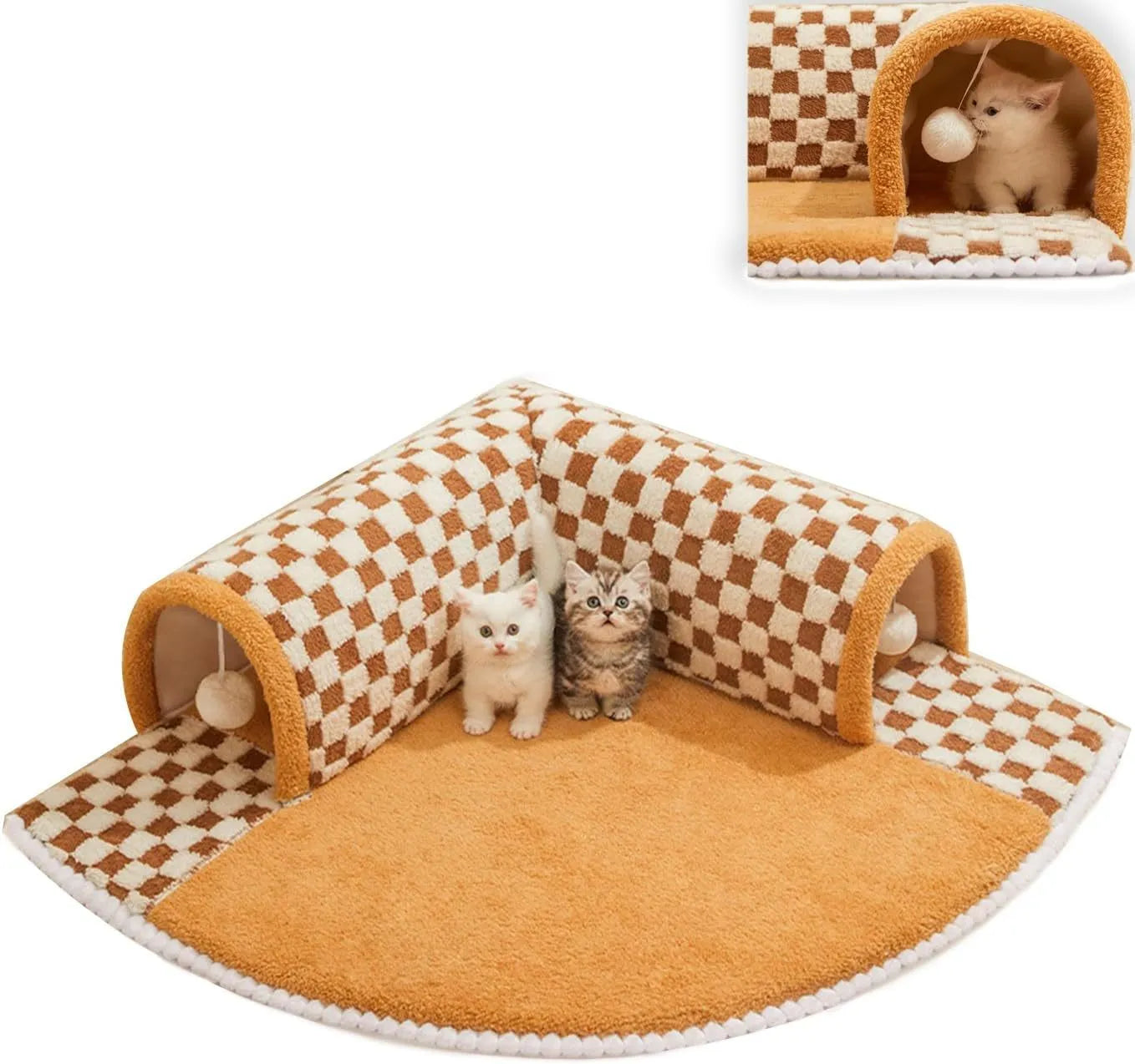 Brown plush plaid cat tunnel bed with central mat showing non-slip bottom and tunnel opening