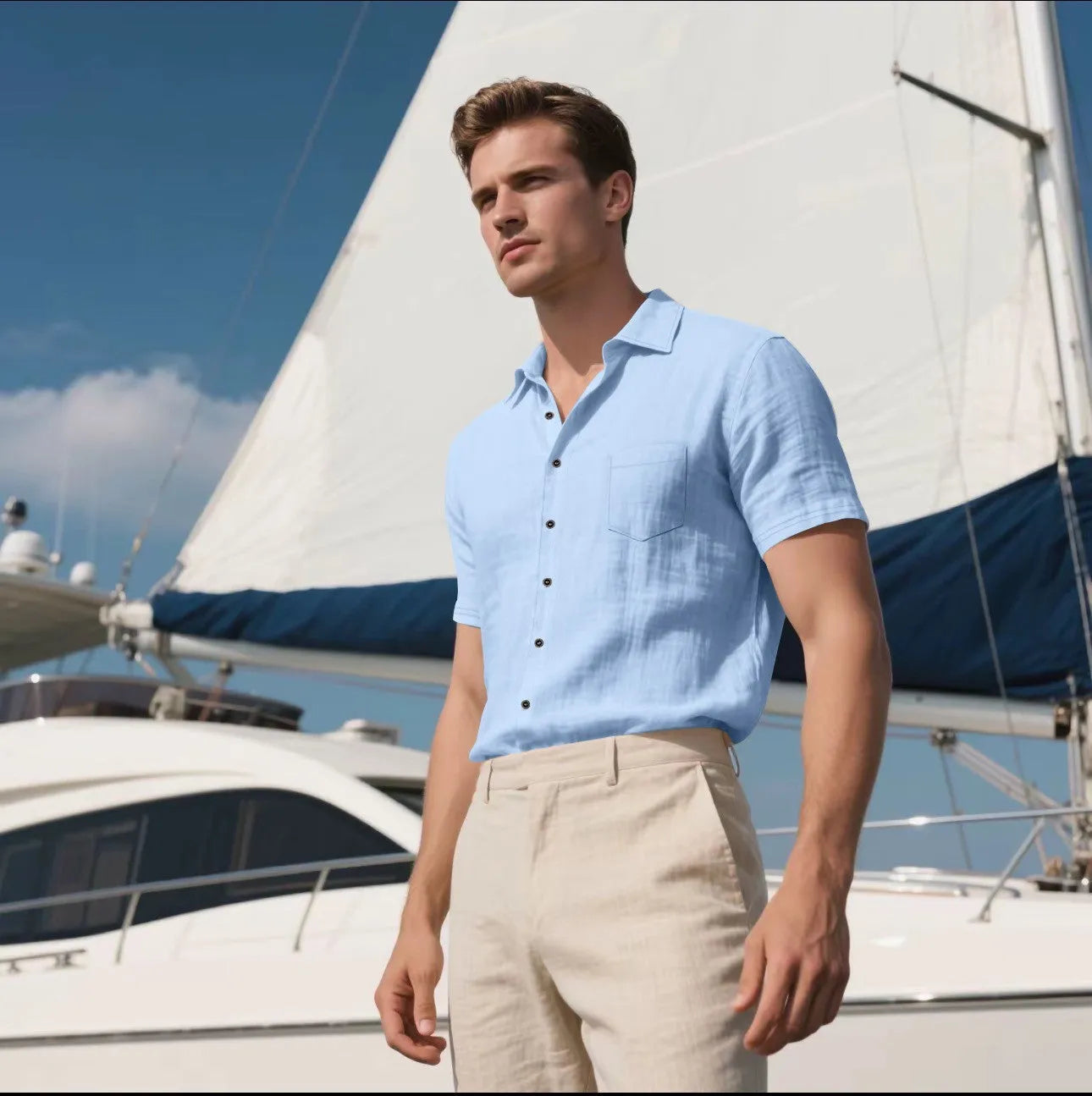 Men's loose fit short-sleeved linen blend shirt in a cardigan style, shown in a solid colour.