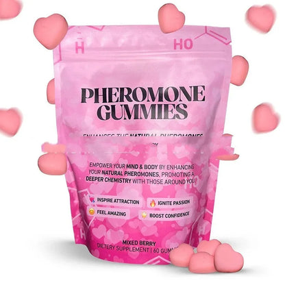 Sealed container holding 60 pheromone soft candies for adult personal use.