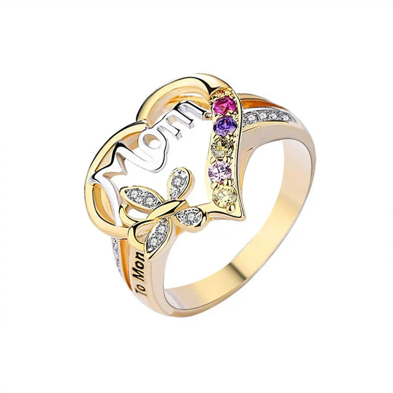 A shimmering heart-shaped jewelry set with a multicolor rhinestone design, including a ring and coordinating necklace, a thoughtful Mother's Day gift.