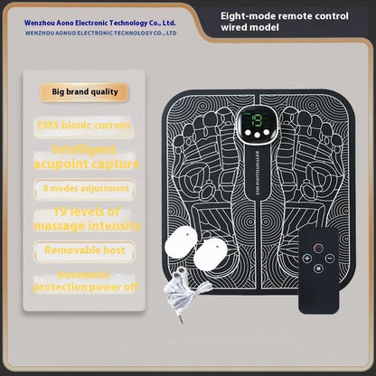 A blue rechargeable reflexology foot massager mat with a remote control on a wooden floor.