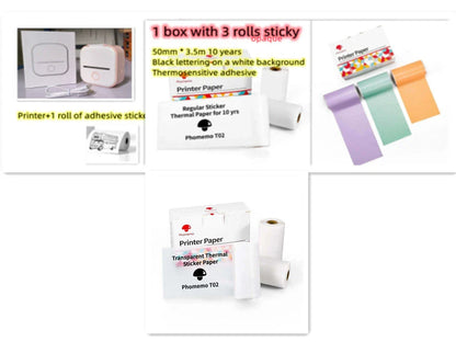 Compact Bluetooth-enabled thermal label printer in white, pink, and green colors with various label options