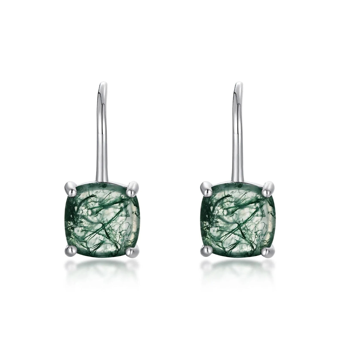 Green moss agate stud earrings in 925 silver with 8 x 8mm geometric quadrilateral stones