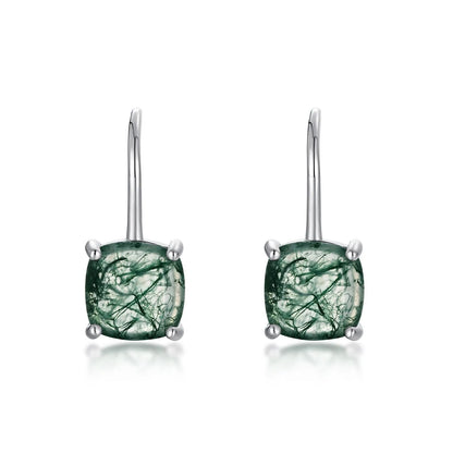 Green moss agate stud earrings in 925 silver with 8 x 8mm geometric quadrilateral stones