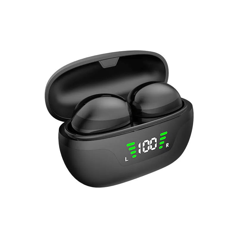 Black Super Mini wireless Bluetooth in-ear headset with digital display screen.