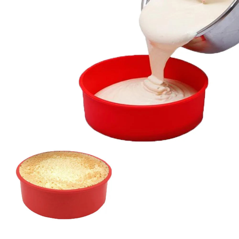 Red round silicone cake mould set showing 4-inch, 6-inch, and 8-inch sizes for baking trays