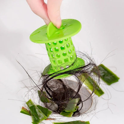 Anti-clogging plastic sink filter in blue, green, orange, and white