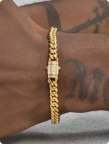 Gold titanium steel Cuban curb bracelet, unisex hip hop style, 6mm or 8mm width, 18cm to 22cm length