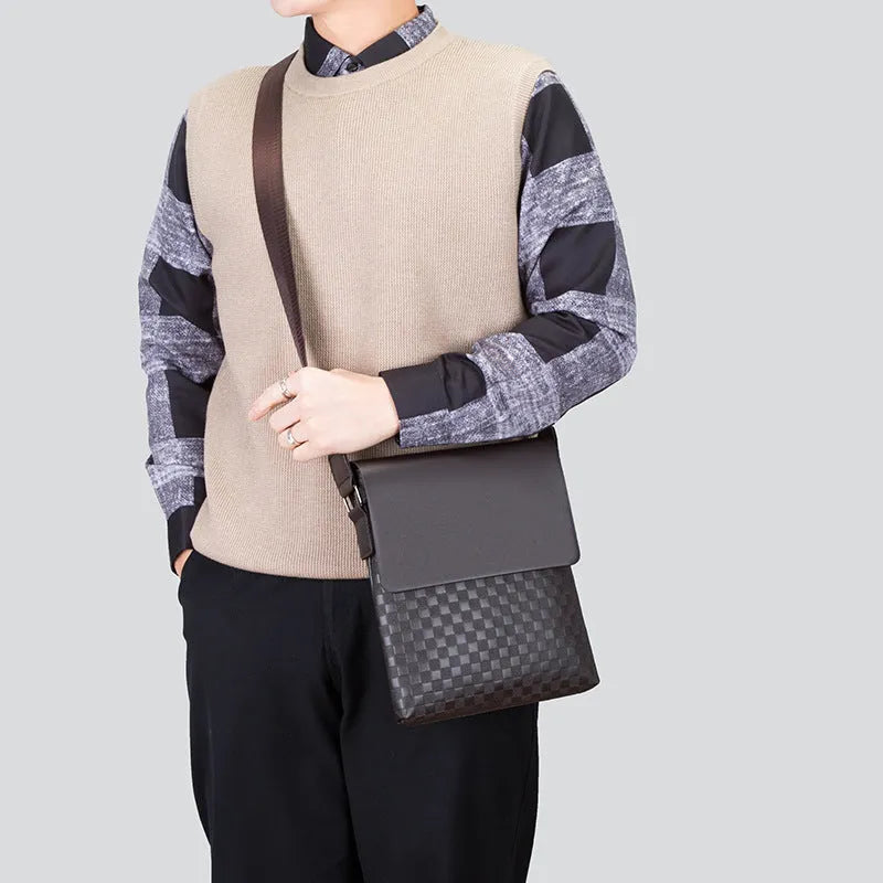 Men's PU leather crossbody messenger bag, plaid pattern, black or dark brown, 20cm x 24cm x 6cm