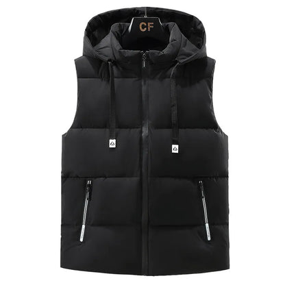 Men's solid colour thickened vest with removable cap in black or blue options