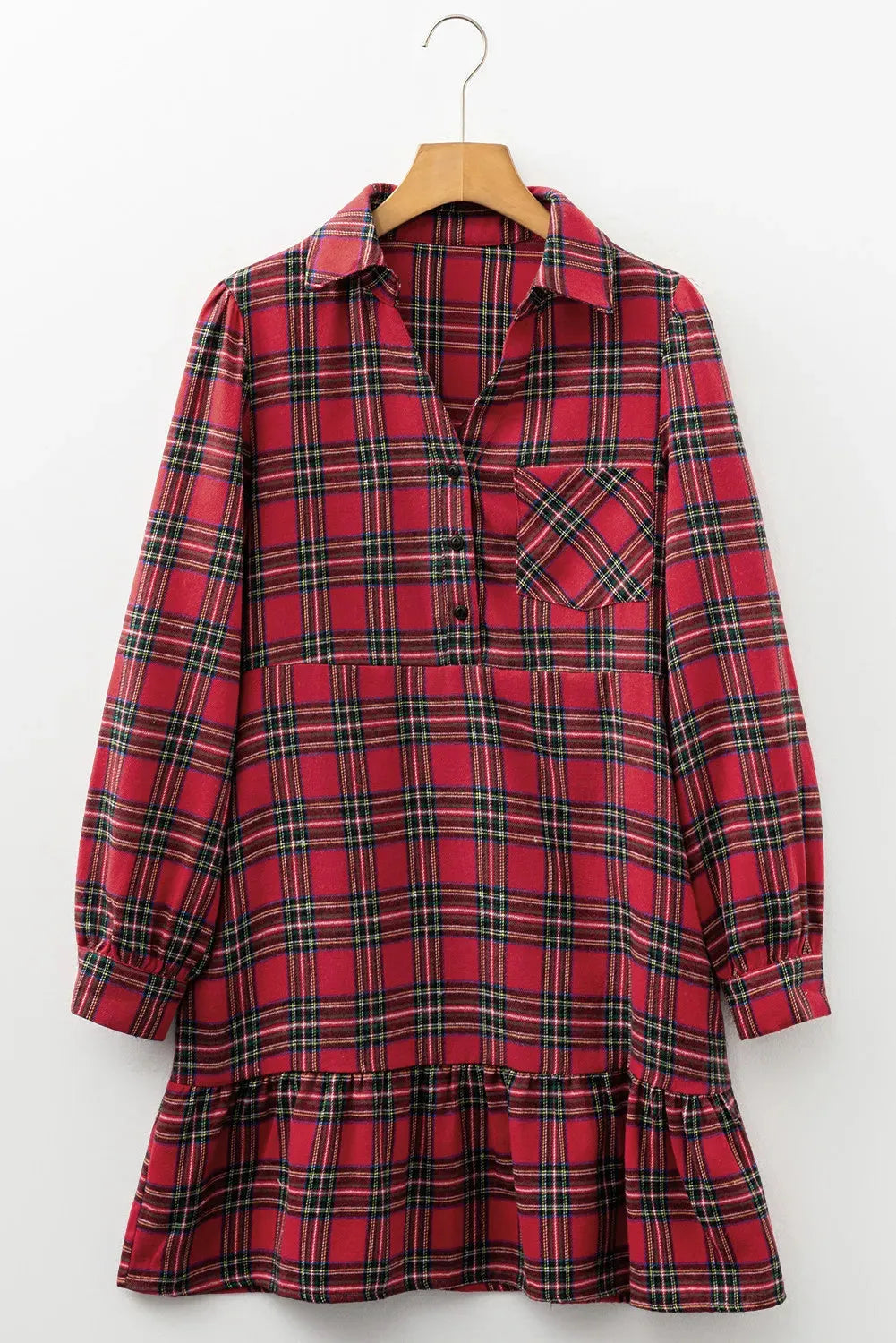 Red plaid mini dress with shirt collar, half buttons, long sleeves, and ruffle hem