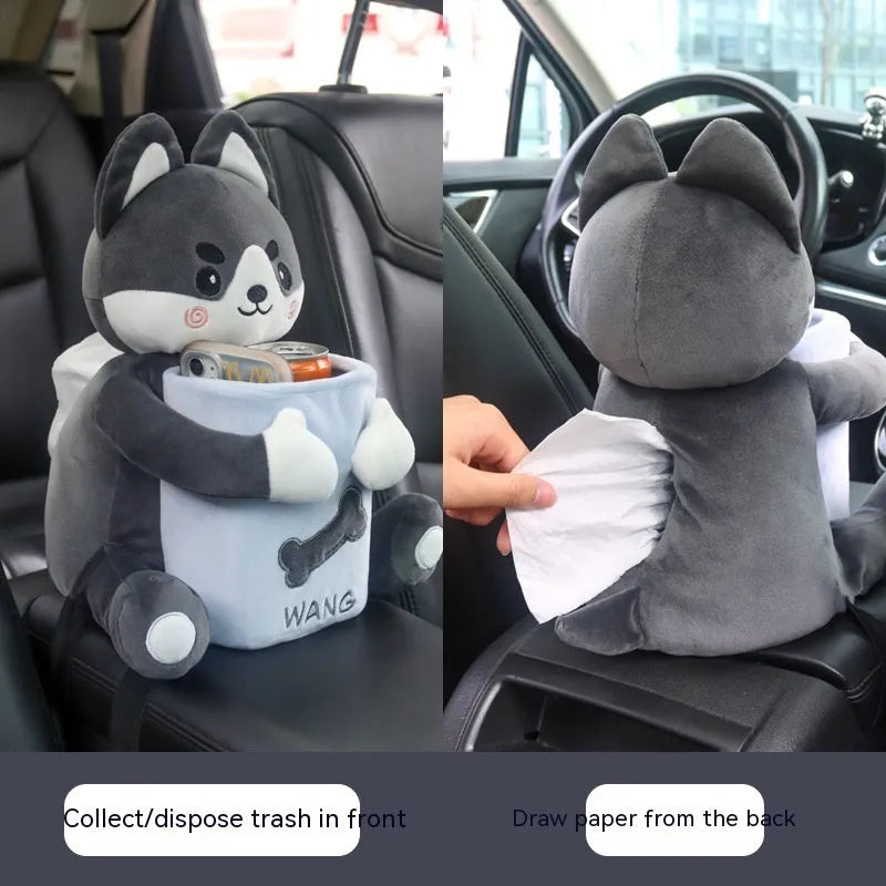 Plush fabric car tissue box organiser hanging from car armrest with flip-top design