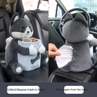 Plush fabric car tissue box organiser hanging from car armrest with flip-top design